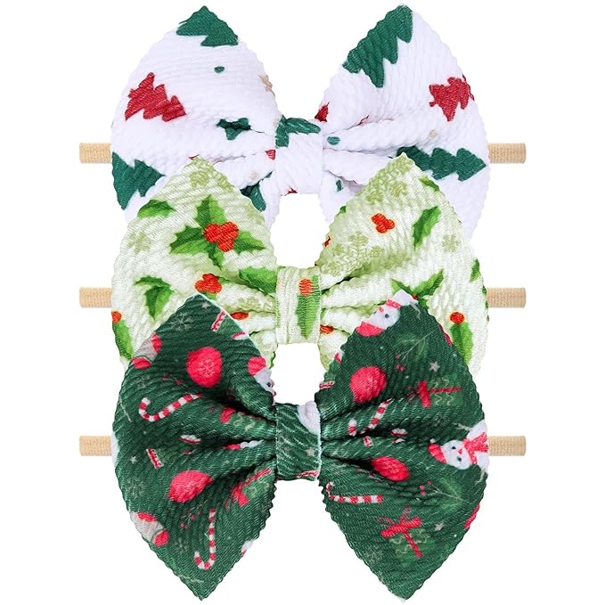 Christmas Baby Headbands, Santa Printed Elastic Nylon Hairbands in Red, White, Green for Newborn and Infant Girls, 3 Pcs (Christmas-A)