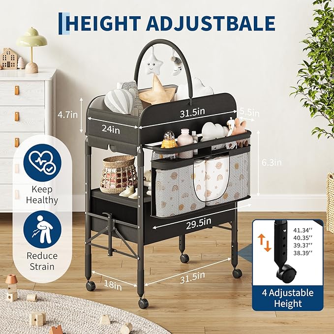 GarveeHome Baby Changing Table with Storage, Portable Foldable Diaper Changing Station with 2 Storage Baskets, Height Adjustable Waterproof Changing Table for Infant and Newborn
