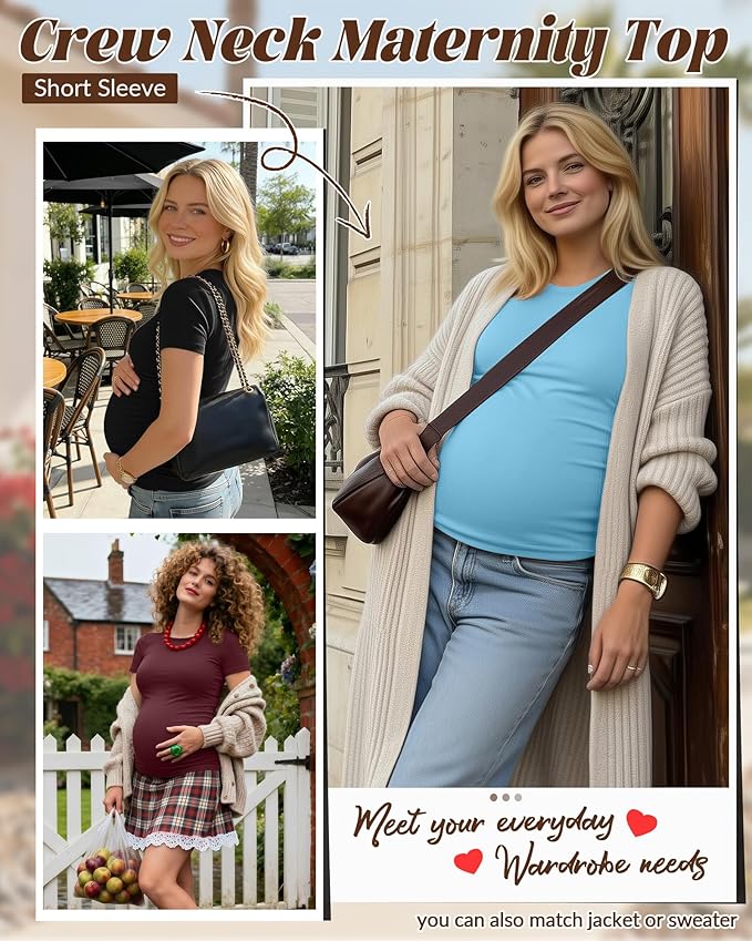 Huukeay 4 Pack Women's Maternity Shirts, Crew Neck Maternity Top Short Sleeve Casual Cotton Tee Side Ruched Pregnancy Clothes