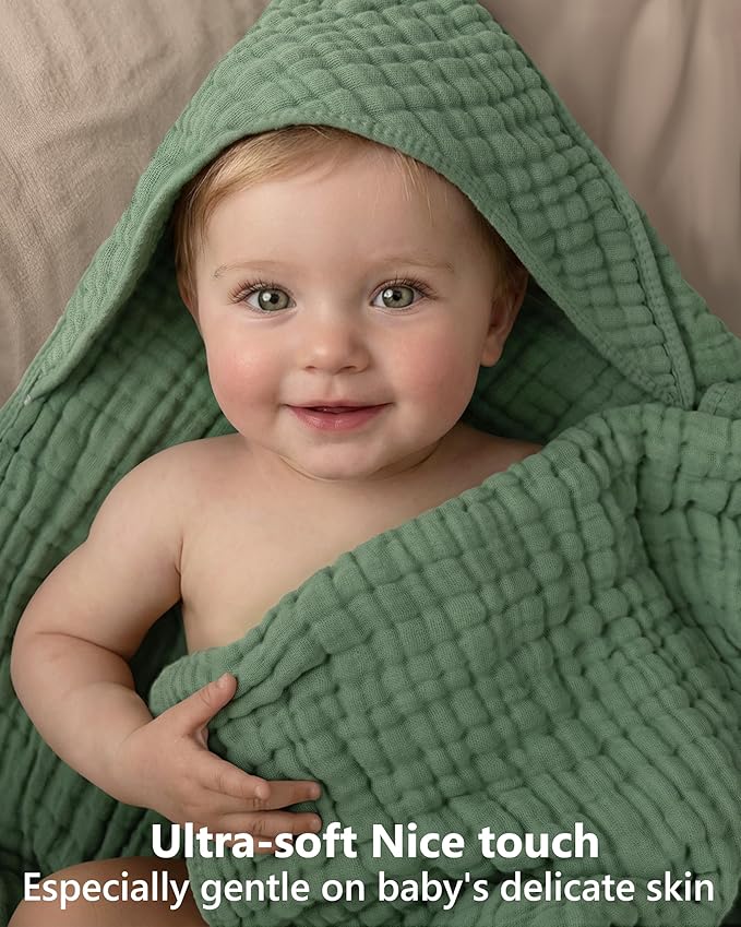 Baby Bath Towels, 100% Muslin Cotton Hooded Baby Towels for Newborn, 2 Pack Baby Towels with Hood for Infant Toddler and Kids, Large 32x32Inch Unisex Bath Essentials, Soft and Absorbent