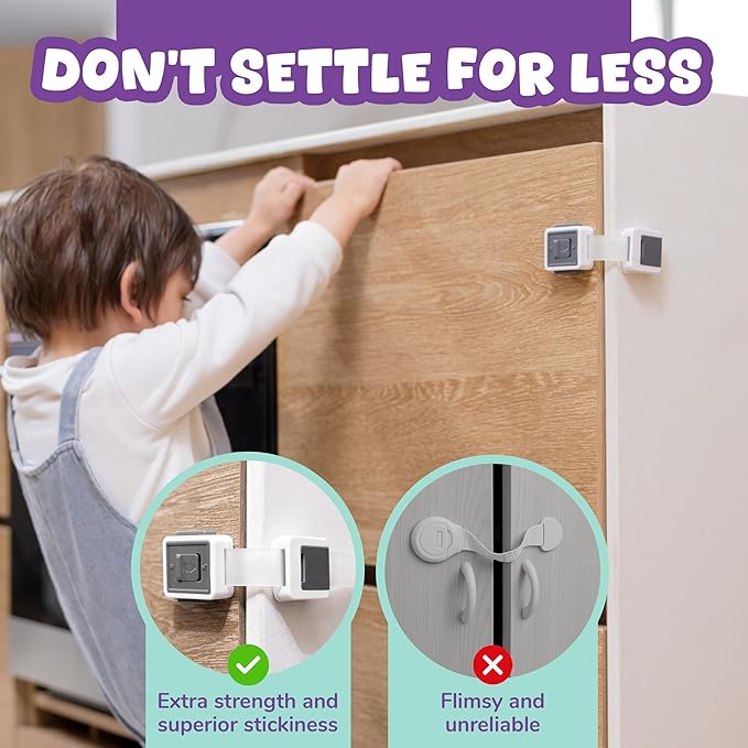 6 Pack Child Safety Cabinet Locks – Baby Proof Drawers, Cabinets, Toilets & Appliances – Adjustable Strap 4.5”–7.5”, Optional Double Lock, No-Drill 3M Adhesive, Easy for Adults