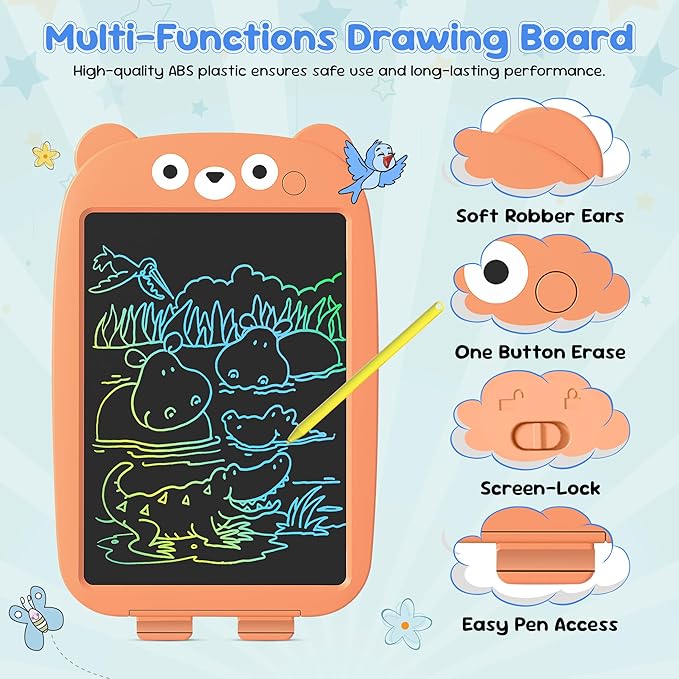 Henry & Colin Bear Themed LCD Writing Tablet for Kids – Reusable, Travel-Friendly Drawing Pad for Boys & Girls Ages 3 & Up. Ideal for Writing, Drawing, Creativity, Fun, Learning & Education (Orange)