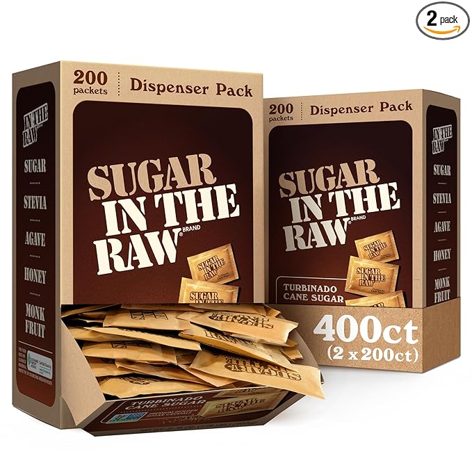 Sugar In The Raw Turbinado Cane Sugar Packets, 200 Ct Box, 2 Pack, Pure, All-Natural Turbinado Sugar, Non-GMO Project Verified, Kosher, Vegan and Gluten Free