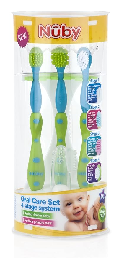 Nuby 4-Stage Oral Care Set with 1 Silicone Finger Massager, 2 Massaging Brushes, 1 Nylon Bristle Toddler Tooth Brush, Green/Aqua