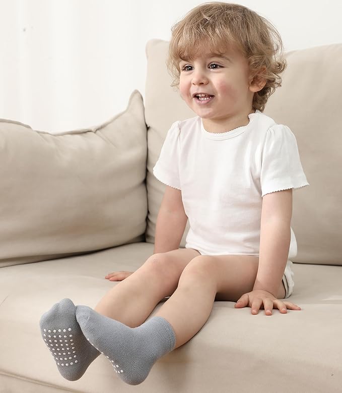 JAKIDAR 12 Pack Baby Toddler Socks Non Slip Grip Cotton Crew Socks for Boys Girls Infants Kids