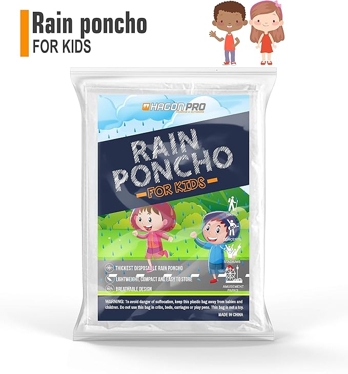 Hagon PRO Disposable Rain Poncho for Kids with Hood (5 Pack) – Lightweight Waterproof Toddler Rain Coat & Emergency Ponchos for Travel & Theme Parks