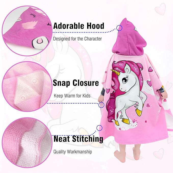 Hooded Kids Beach Towels - Toddler Bath Towel Girls Boys Swim Cover-ups for Ages 4 to 10 Kids Pool Towels Quick Dry Lightweight Soft Microfiber Poncho 30x30 with Bag (Pink Unicorn)