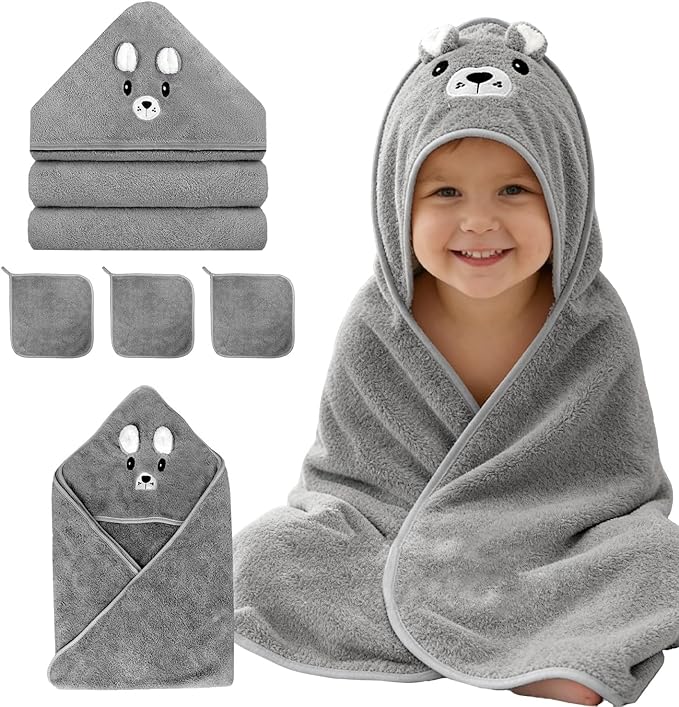 4 PCS Hooded Baby Towel Set, 32x32 Inch Absorbent Baby Bath Towels, Soft Hooded Towels and 3 PCS Washcloths, Unisex Baby Gift Set for Newborns, Babies, Toddlers (Gray)
