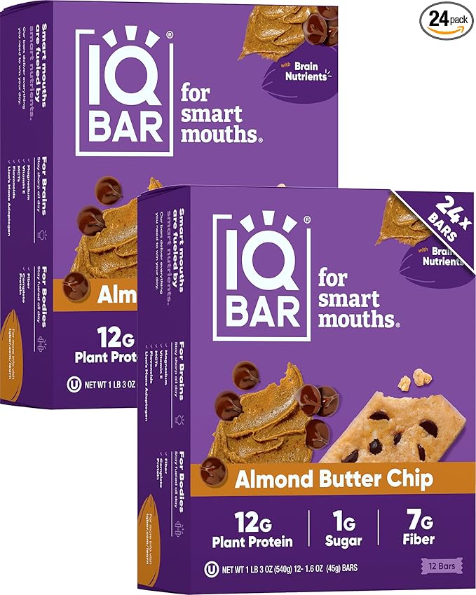 IQBAR Brain and Body Clean Plant Protein Bars - Almond Butter Chip - 24 Bars - Keto, Vegan, High Fiber, Gluten and Dairy Free, Low Sugar Snack with Nutrients for Focus, Energy, Meal Replacement