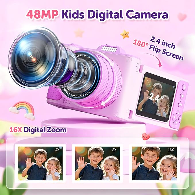 Kids Camera, Christmas Birthday Gifts for Boys Girls Age 3-12,Upgrade HD Flip Digital Video Cameras for Kids, Portable Toys for 3 4 5 6 7 8 9 10 Year Old Childrens with 32GB SD Card-Purple