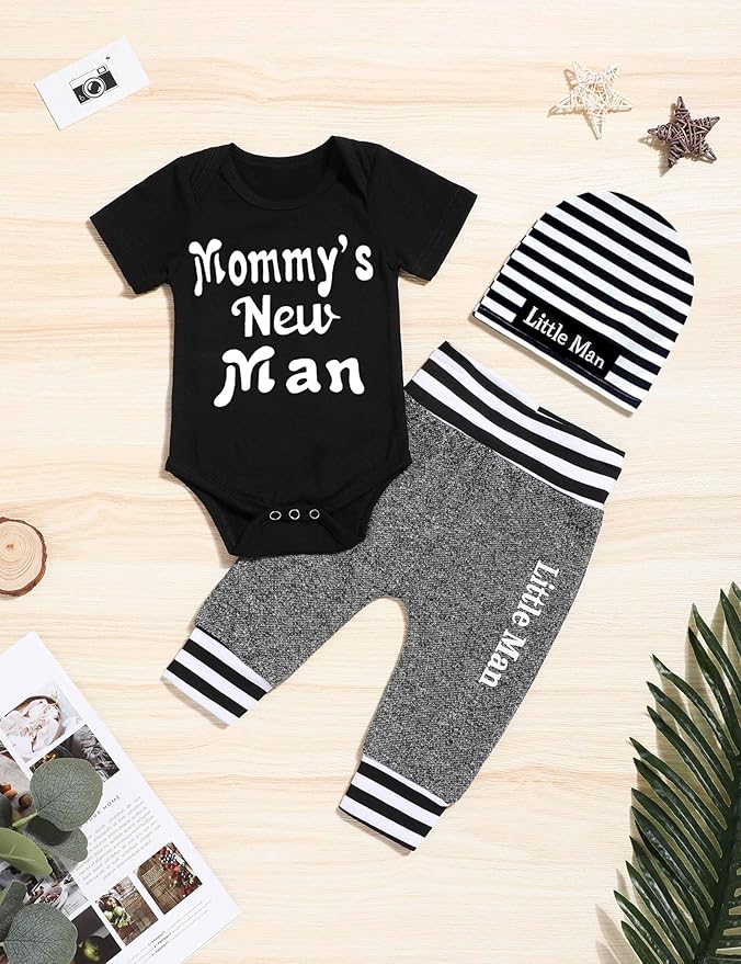 Fommy Newborn Baby Boy Clothes New to The Crew Letter Print Romper+ Pants+Hat 3PCS Outfit