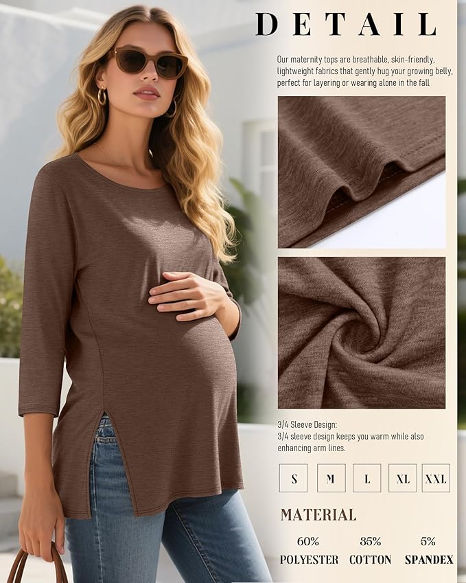 3 Pack Women's 3/4 Sleeve Maternity Shirts Elbow Length Clothes Round Neck Tunics Pregnancy Loose Side Split Tops