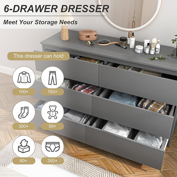 Grey Dresser for Bedroom,48'' Modern 6 Drawer Dresser with Deep Drawer,Storage Wide Chest of Drawers,Wood Bedroom Storage Furniture for Living Room,Closet