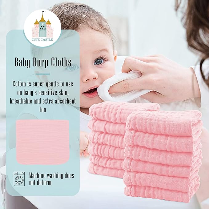 Cute Castle 24 Pack Muslin Burp Cloths for Baby - Ultra-Soft 100% Cotton Baby Washcloths - Large 20'' by 10'' Super Absorbent Milk Spit Up Rags - Burpy Cloths for Unisex, Boy, Girl - Pink