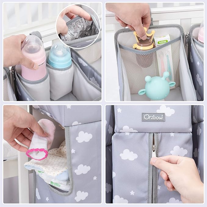 Orzbow 3-in-1 Hanging Diaper Caddy Organizer for Changing Table, Nursery Organization and Diaper Stacker for Crib Wall, Removable Diaper Organizer for Baby Boy Essentials, Gray