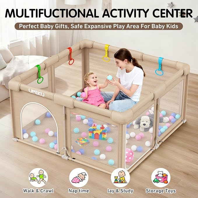 Baby Playpen Foldable Playpen for Babies and Toddlers, Large Playpens Portable Play Pen with 2 Doors Play Yard for Kid Fence Indoor Outdoor 4 Handlers 50 Balls Baby Newborn Infant Gifts 50"X50" Khaki