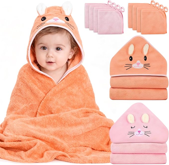 10 PCS Baby Bath Towels, 2 PCS Soft Hooded Towels & 8 PCS Washcloths - Ultra Soft, Super Absorbent, Cute Design for Newborns, Infants & Toddlers - Ideal for Bath, Swimming & Daily Care