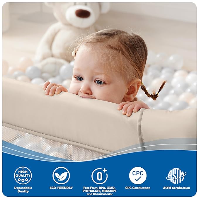 Sweeby Baby Playpen, 59x59 Inch Gate Foldable for Babies and Toddlers, Extra Large with Door Play Yard for Fence Indoor and Outdoor, Light Khaki