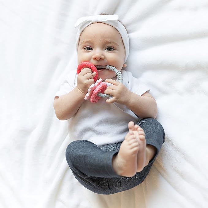 Bumkins Baby Teething Freezer Toy Keys Rings, Soft Flexible Pacifier to Chew, Cool Teether Gum Relief, Babies 3 Months, Freezable Platinum Silicone, Sensory Bracelet with Charms, Pink and Gray