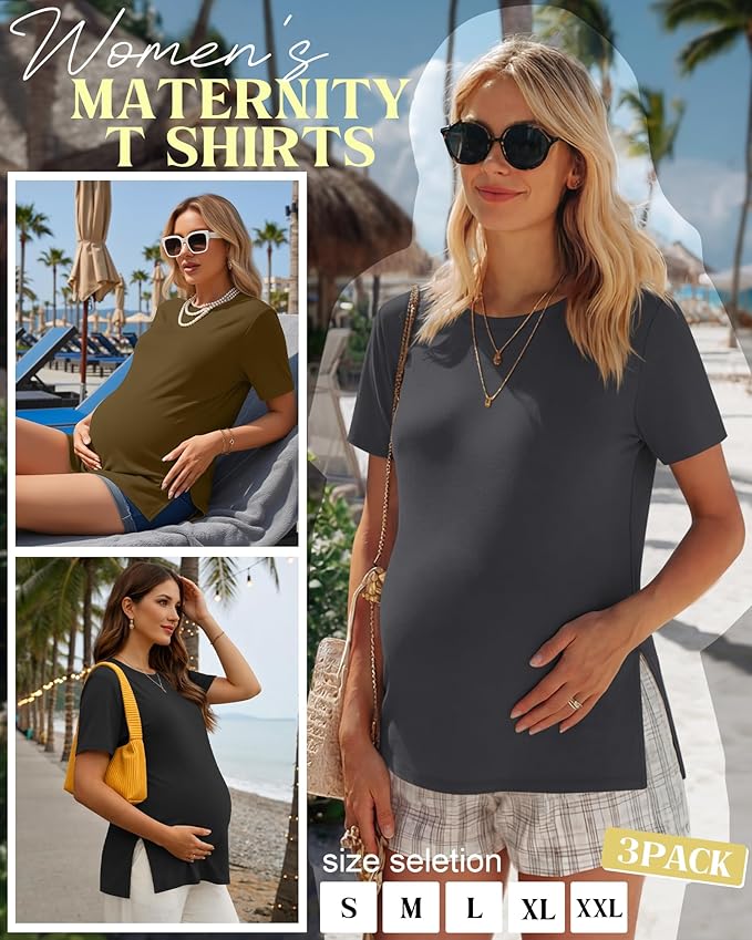 Ficerd 3 Pack Women's Maternity T Shirts, Short Sleeve Side Split Pregnancy Tops Casual Crew Neck Pregnant Tees Mama Clothes