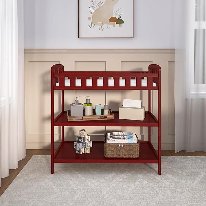 Dream On Me Emily Changing Table, Compact and Lightweight, Solid New Zealand Pinewood, Elevated Safety Rails, Two Storage Shelves, Includes Water-Resistant 1" Changing Pad — Cherry