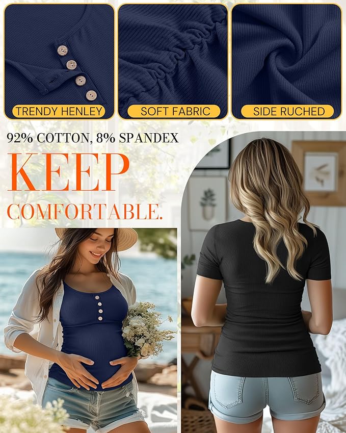4 Pack Womens Maternity Shirts Scoop Neck Cotton Short Sleeve Ribbed Pregnancy Top Henley Side Ruched Mama Clothes