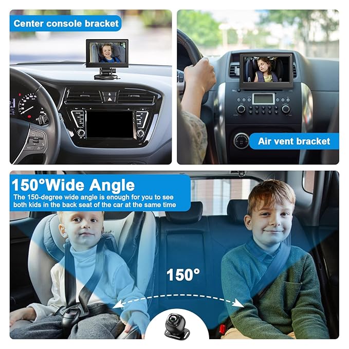 Baby Car Camera Monitor for Backseat - Baby Car Mirror - Safety Rear Facing Infant Back Seat Camera with 4.3" Display, HD 1080P, Night Vision, Easy Installation - Black