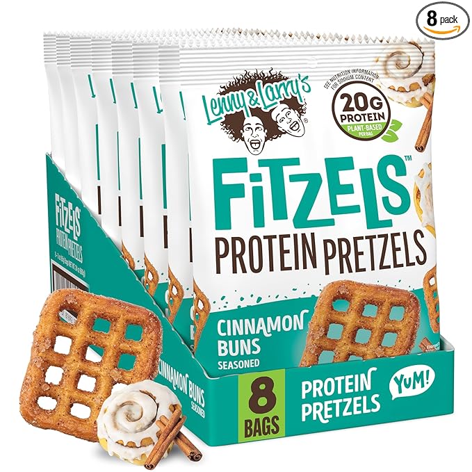 Lenny & Larry's FITZELS Protein Pretzels (Cinnamon Buns) 8 Individual Bags 3 oz Each – High Protein Snacks with 20g of Plant Based Protein – Healthy Vegan Pretzels – Delicious Salty Taste