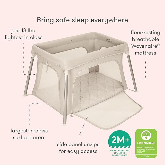 Newton Baby Compact Travel Crib & Play Yard | Breathable & Washable Mattress, Foldable Carry-On Size, Backpack Straps, Newton Bassinet Attachment NOT Compatible - Sand