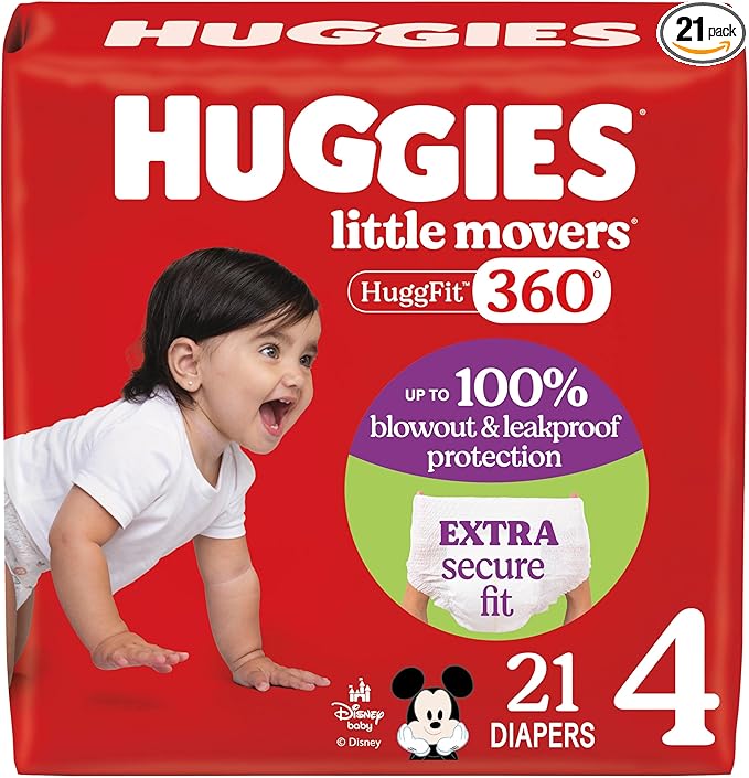 Huggies Size 4 Baby Diapers, Little Movers HuggFit 360° Baby Diapers with 360° Waistband, Size 4 (22-37 lbs), 21 Count, Packaging May Vary