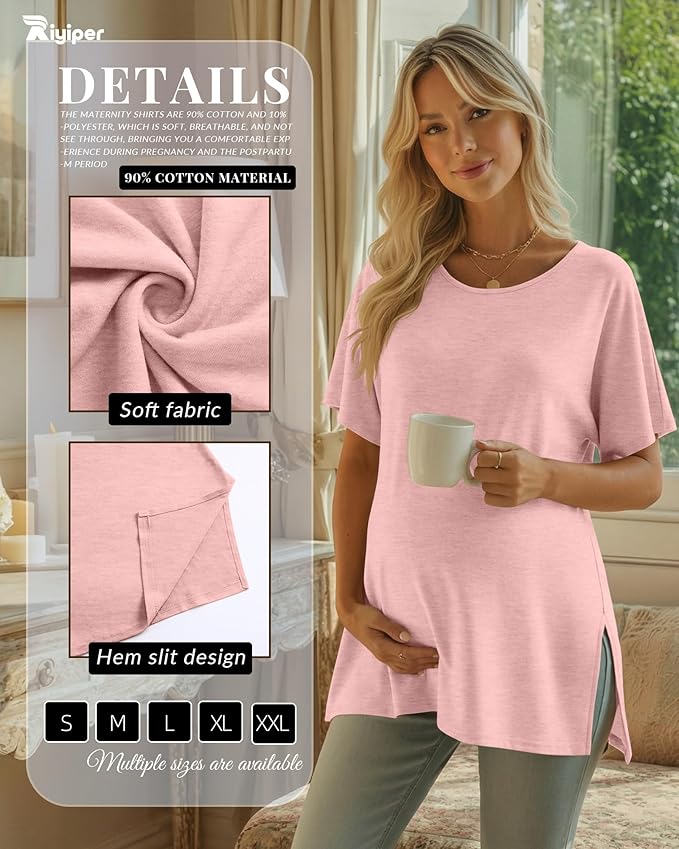 Riyiper 3 Pack Women's Maternity Tunic Shirts Cotton Summer Pregnancy Clothes Loose Oversized Split Side Blouse Tops