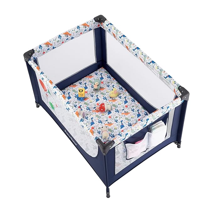 Pamo Babe Compact Pack and Play - Portable Crib for Baby, Lightweight Foldable Travel Playard with Mattress Pad & Carry Bag, Safe Breathable Travel Bed for Home, Trips & Family Visits, Cute Pattern