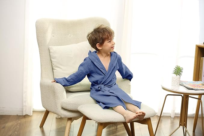 Organic Cotton Toddler Bathrobe, Soft and Breathable Baby Robe for Kid, Boy& Girl Hooded Robe Muslin