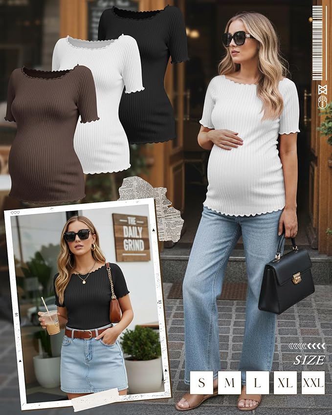 3 Pack Women's Maternity Ribbed Shirts Cotton Short Sleeve Pregnancy Tops Boat Neck Lettuce Trim Mama Clothes