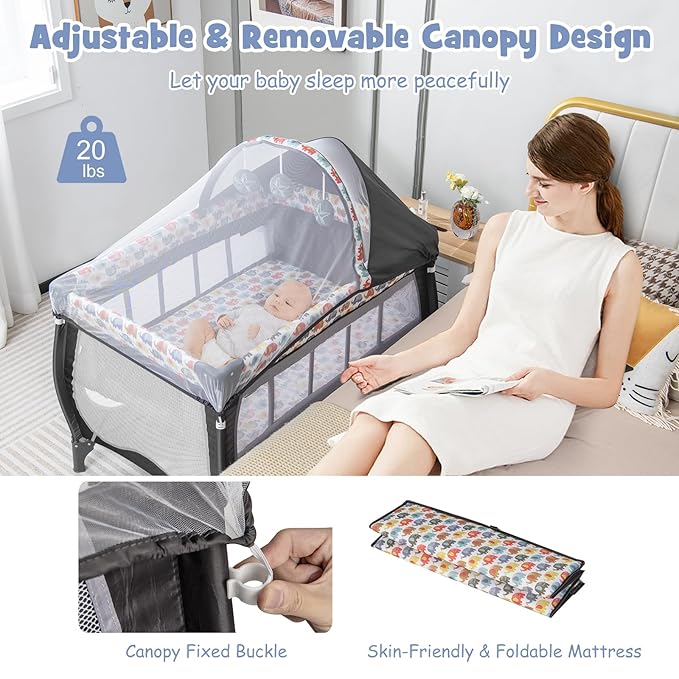 BABY JOY 4 in 1 Pack and Play, Portable Baby Playard with Bassinet, Adjustable Canopy, Changing Table, Lockable Wheels, Music Box, Travel Baby Crib Bassinet from Newborn to Toddler