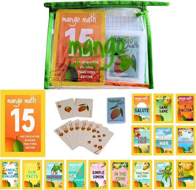MANGO Math 15® - Math Flash Cards - Educational Math Games for Kids - Multiplication, Division, Fractions Learning Kit -2nd 3rd 4th Grades - Kids 6-12 - Set of 15 Games - English Version
