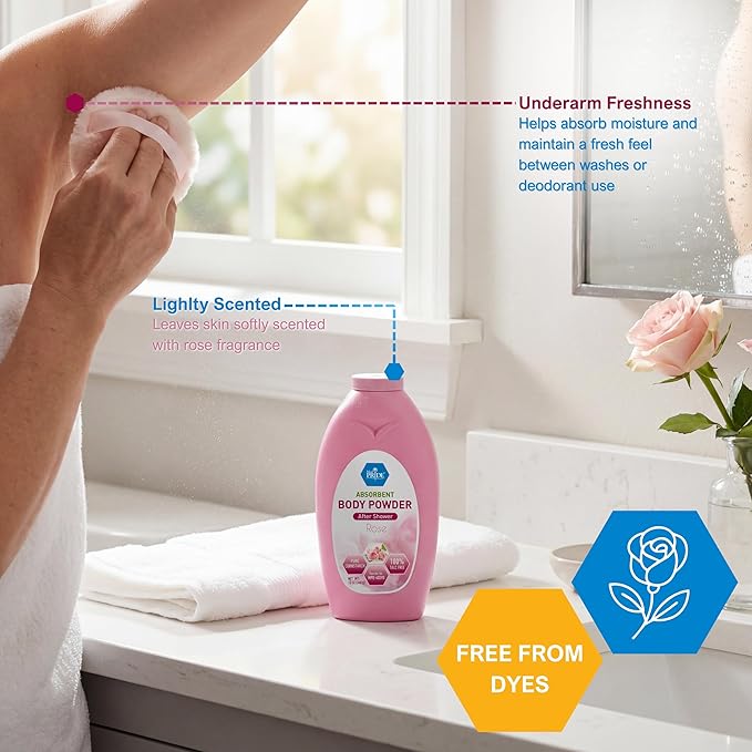 MED PRIDE Talc Free Cornstarch Body Powder with Rose Scent, Moisture Absorbing Skin Care for Daily Freshness, Cruelty Free Formula, 13 Ounce Bottle