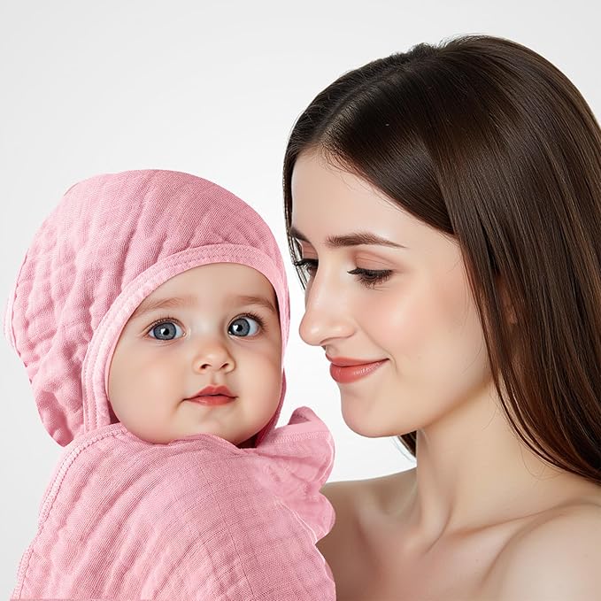 Preboun 4 Pcs Muslin Hooded Baby Towels,32"x 32" Cotton Newborn Bath Towel Muslin Infant Baby Blankets Absorbent Unisex Newborn Registry Gift for Girls Boys(Pink Series)