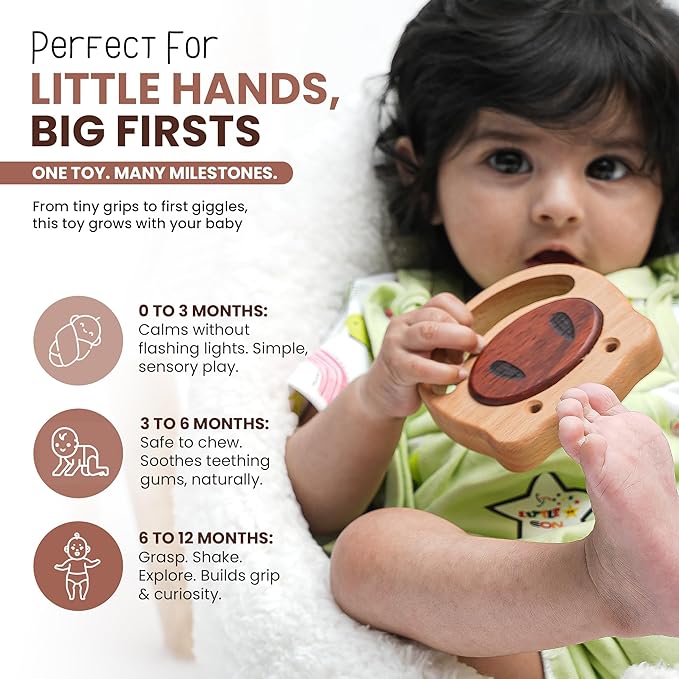 HippoToys Wooden Baby Rattle for 0 to 12 Months | No Paint, No Plastic, No Toxins | Montessori Inspired Natural Baby Toy | Calm Muted Sound | 100 Percent Natural Beechwood | Ideal for Baby Gifting