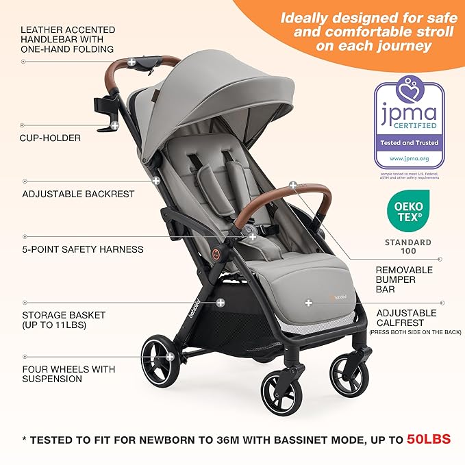 Babideal Lightweight Travel Stroller for Baby, Self-Folding Toddler Stroller with Large Canopy, Full-Reclining Seat, Cup Holder Included - Newborn to 50lbs. (Grey)