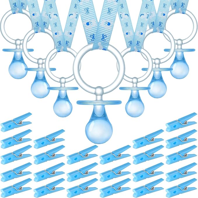 Tondiamo 48 Pieces Baby Pacifiers Party Favors with 24 Plastic Pacifiers and 24 Mini Clothes Pins Transparent Baby Showers Pacifiers Necklace Baby Girl Boy Pacifier Necklace for Party Favor(Blue)