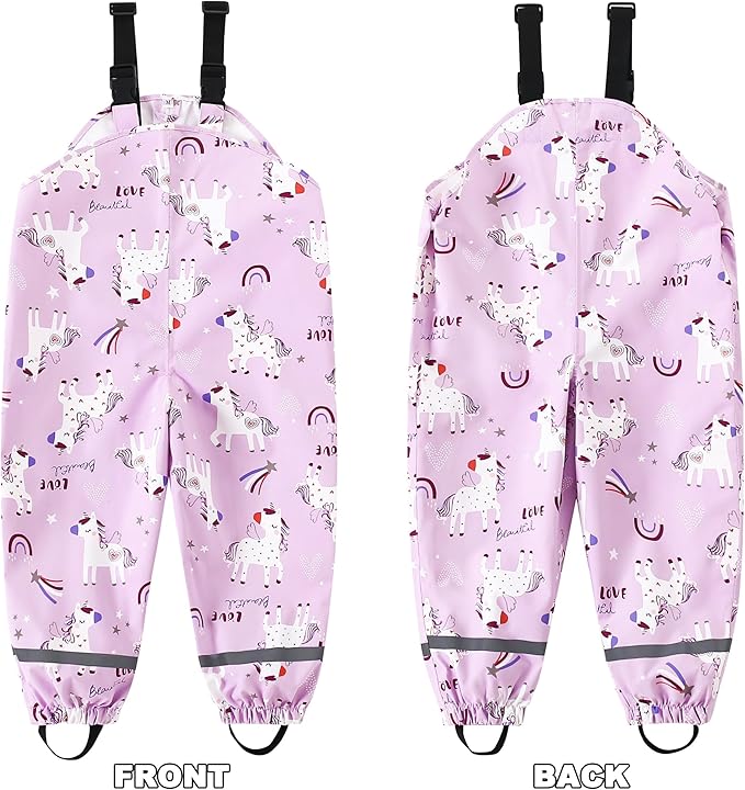 Toddler Waterproof Rain Bib Pants, Girls Rain Pants Kids Cartoon Rain Trousers Lightweight Mud Pants Rainwear