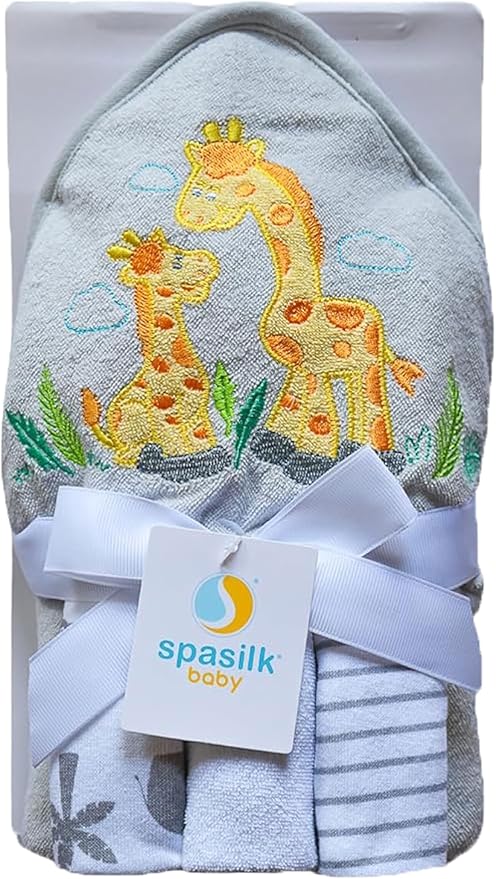 Spasilk Hooded Bath Towel and Washcloths Set for Newborns, 1 Soft Terry Baby Towel and 3 Baby Washcloths, Baby Essentials, Ideal, One Size, Gray Giraffe