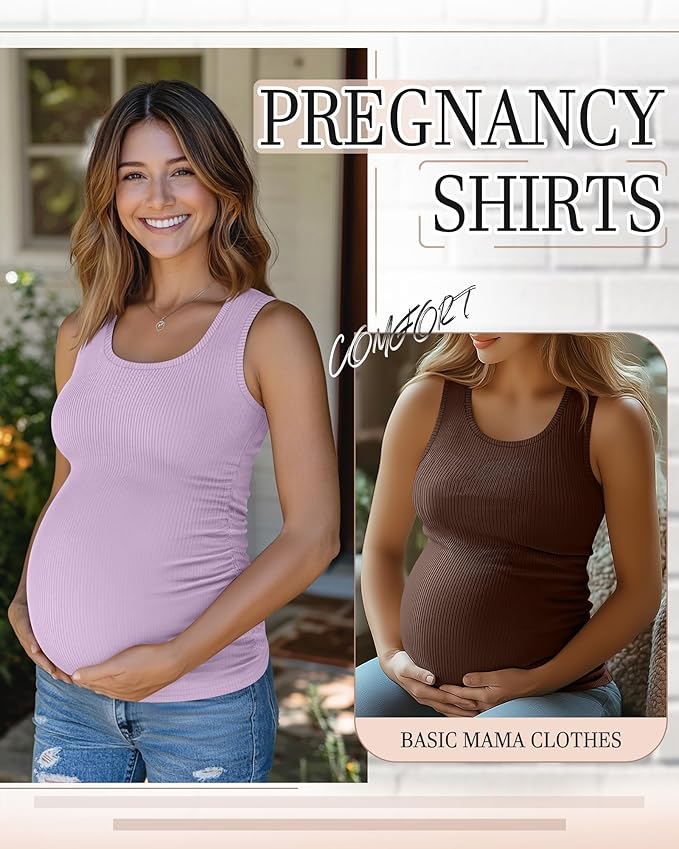 Riyiper 3 Pack Women's Maternity Tank Tops, Sleeveless Cotton Pregnancy Shirts Ribbed Knit Sides Ruched Basic Mama Clothes