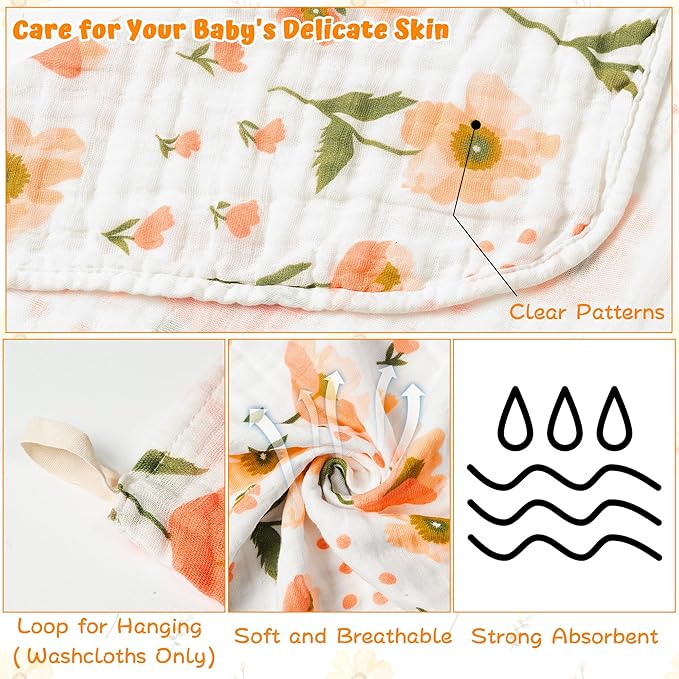 Zainpe 4Pcs Muslin Baby Hooded Towel & Washcloth Set, Flowers Soft Absorbent Cotton Bath Hand Towels Infant Shower Gifts for Newborn Toddler Boys Girls Feeding Teething Sleeping 31.5 X 31.5 in