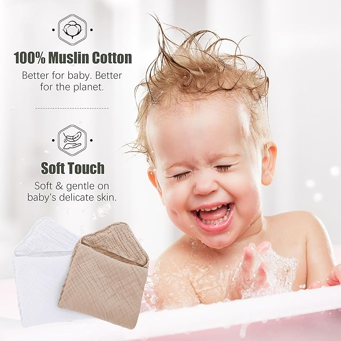 2 Pack Hooded Baby Towels - 100% Muslin Cotton for Newborns, Infants, Toddlers - Large 32x32Inch Size - Highly Absorbent and Essential for Newborn Care, White and Brown