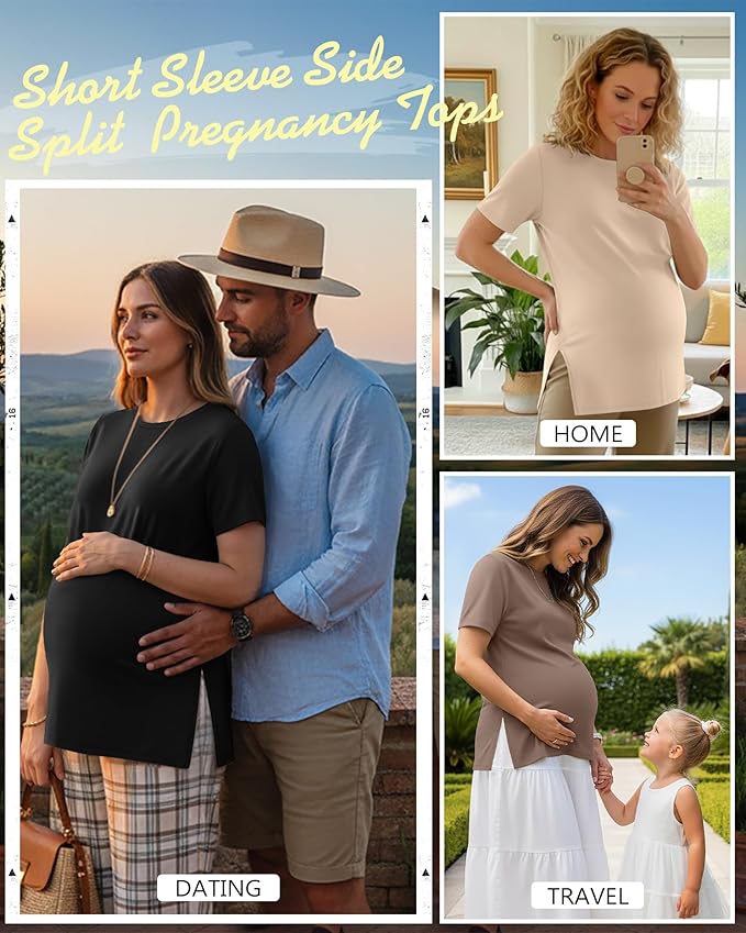 Ficerd 3 Pack Women's Maternity T Shirts, Short Sleeve Side Split Pregnancy Tops Casual Crew Neck Pregnant Tees Mama Clothes