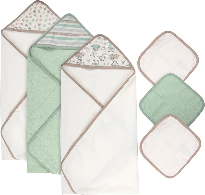 Hooded Baby Bath Towel and Washcloth 6 Piece Set for Newborns, Infants & Toddlers, Boys & Girls Baby Hooded Towels Set (Dinosaurs & Stripes)