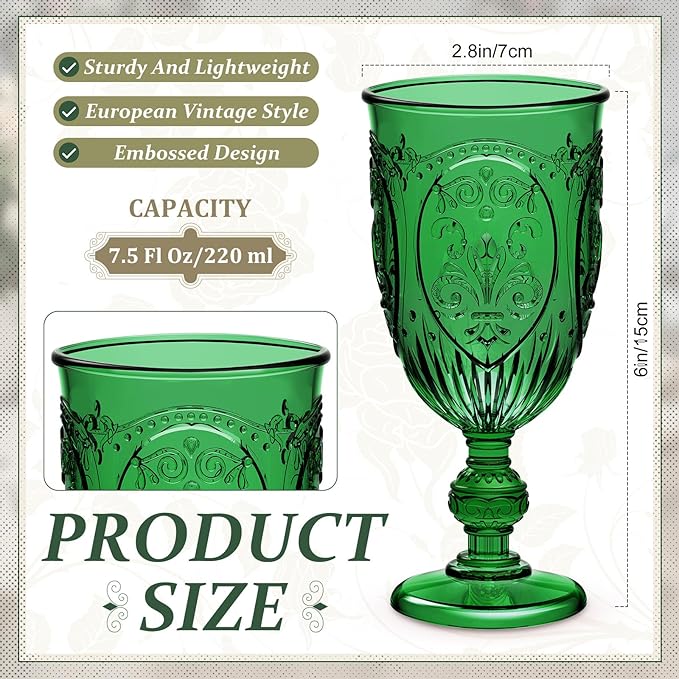 24 Pcs Plastic Goblets 7.5oz Vintage Goblet Plastic Wine Glasses Colored Retro Embossed Water Goblets for Wine Bar Juice Baby Shower Wedding Reception Grand Event Party (Dark Green)