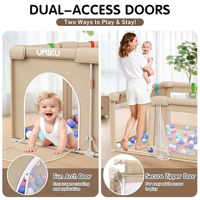 Baby Playpen Foldable Playpen for Babies and Toddlers, Large Playpens Portable Play Pen with 2 Doors Play Yard for Kid Fence Indoor Outdoor 4 Handlers 50 Balls Baby Newborn Infant Gifts 50"X50" Khaki